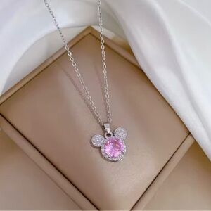 New girls Minnie Mouse necklace chain white silver pink stone cartoon kids child